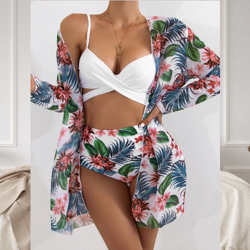 Womens Wrap Top Bikini High Waist Bottom Bathing Suit with Kimono Cardigan